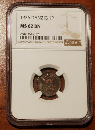 1926 Poland Danzig 1 Pfenig Ms62 Bn Ngc Grading Uncirculated Coin In The Slab