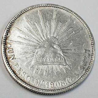 1908 Mo Gv Mexico One Un Peso Silver Libertad Republic Mexicana Coin 9mx0821
