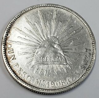 1908 Mo GV Mexico One Un Peso Silver Libertad Republic Mexicana Coin 9MX0821 2