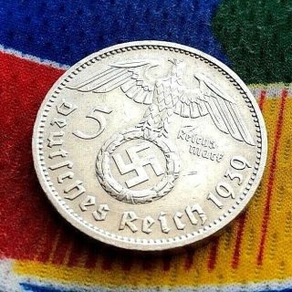 German 1939 J 5 Mark Ww2 Silver Coin Third Reich Swastika Reichsmark