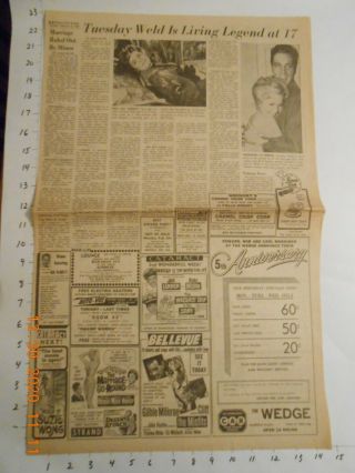 1961 Tuesday Weld Newspaper Article Photo Wild In The Country Elvis Presley Ex