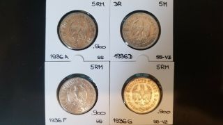 4 X 5 Reichsmark 1936 A/d/f/g - Iii.  Reich - Silver 900/1000 - Vf