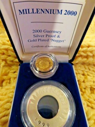 Guernsey Five Pound £5 2000 Millennium Silver Proof /1999 And Gold Plated Nugget