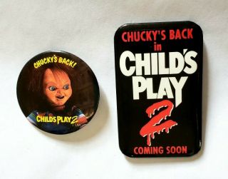 Vintage 1990 Childs Play 2 Movie Promo Button Set - Chucky Doll Horror Film Pin