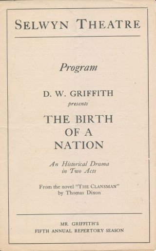 Silent Film Theatre Program " Birth Of A Nation " 1915 Lillian Gish