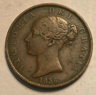 1838 Great Britain Halfpenny Vf Km - 726 Key,  Strong Doubled Date Chn