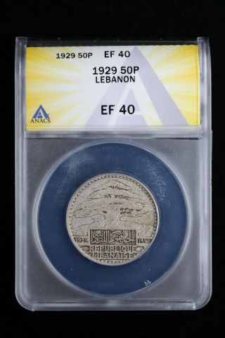 1929 50p Lebanon 50 Piastres Silver Coin Anacs Ef 40 Low Mintage