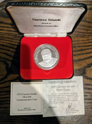 1974 Cayman Islands Churchill Commemorative 25 Dollar Silver Coin 1.  54 Oz