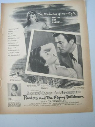 Rare 1951 Print Ad Pandora And The Flying Dutchman Ava Gardner James Mason