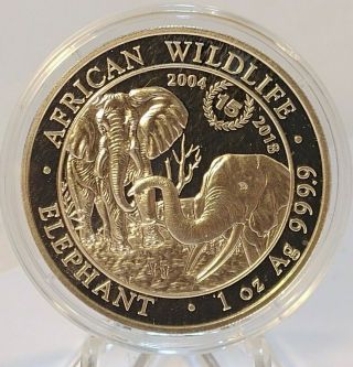 2018 Somalia 1 Oz Silver Elephant Coin 15th Anniversary Jubilee Privy W/ Capsule