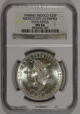 1968 Mo Mexico Silver 25 Pesos Mexico Olympics Ngc Ms66 Even Rings