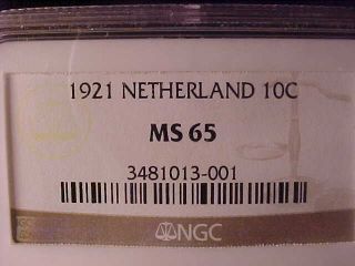 Netherlands 10 Cents 1921 Ngc Ms 65