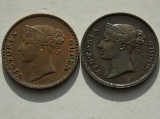 2 X Straits Settlements 1845 East India Company One Cent Coins Km 3 Malaysia