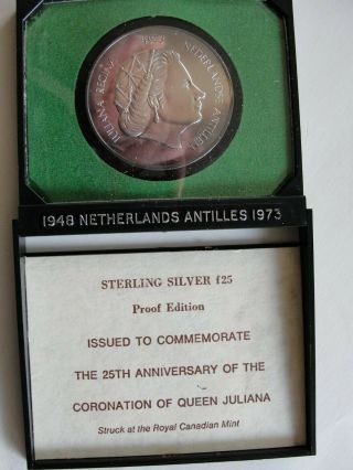 1973 Netherlands Antilles 25 Gulden Proof Silver Coin,  Queen Juliana 25th Anni.