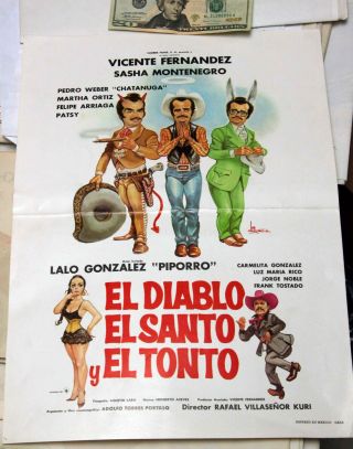 Mexican Movie Poster El Diablo El Santo El Tonto 1980s Vicente Fernandez 12x20 "