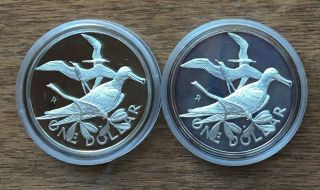 G695 British Virgin Islands 1974 2 X One Dollar Silver Proof Crown Frigate Birds