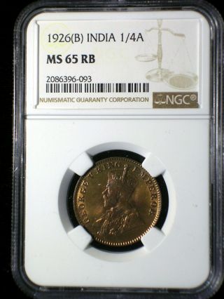 British India 1926 B 1/4 Anna Ngc Ms - 65 Rb Sharp Lustrous Only 9 Graded Higher
