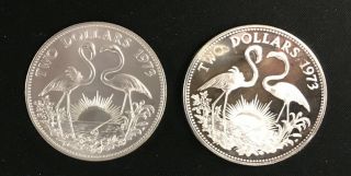 (2) 1973 Two Dollar Sterling Silver Proof Coins Commonwealth Of The Bahamas