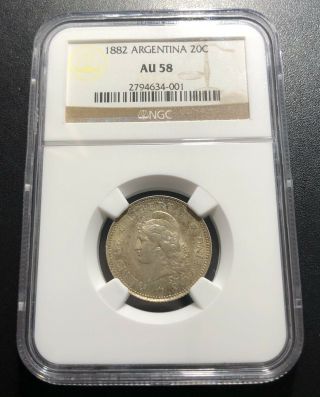 Argentina 1882 20 Centavos Silver Coin: - - Ngc Au58