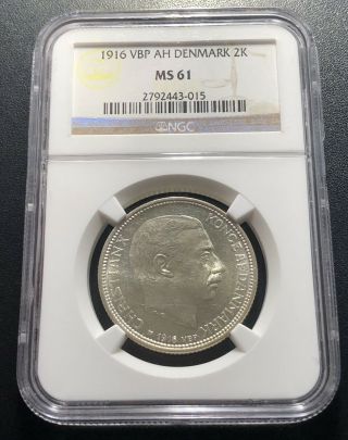 Denmark 1916 Vbp Ah 2 Kroner Silver Coin: Christian X - - Ngc Ms 61