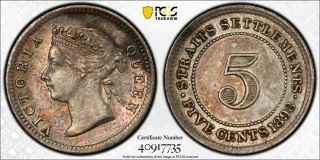 Straits Settlements Queen Victoria 5 Cents 1898 About Uncirculated Pcgs Au
