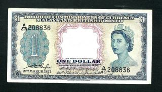 Malaya & British Borneo (p1) 1 Dollar 1953 Qeii Avf