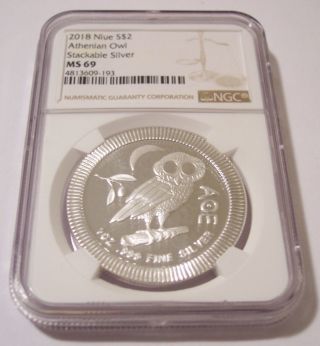Niue 2018 1 Ounce Silver 2 Dollars Athenian Owl Ms69 Ngc