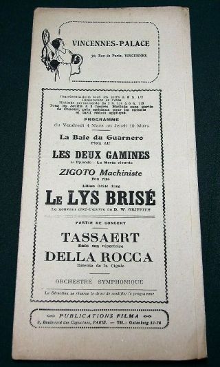 Vincennes - Palace France Ca 1920 French Dw Griffith Lillian Gish Movie Program