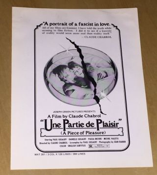 Une Partie De Plaisir Film Poster Ad Mats Claude Chabrol A Piece Of Pleasure