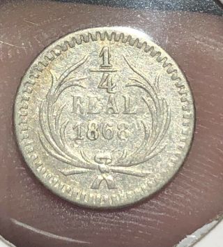 Guatemala Honduras Costa Rica Km130.  1/4 Real 1868 Rare Silver Coin