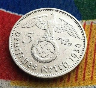 1936 E 5 Mark German Ww2 Silver Coin Third Reich Swastika Reichsmark