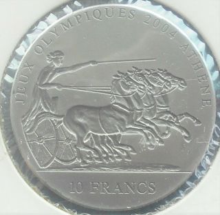 Scarce.  999 Silver 2001 Congo 10 Francs Athens Olympics Quadriga & Lion Bu Bwl