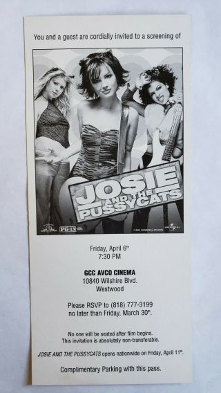 Vintage 2001 Josie And The Pussycats Movie Premiere Ticket Tara Reid Film Promo