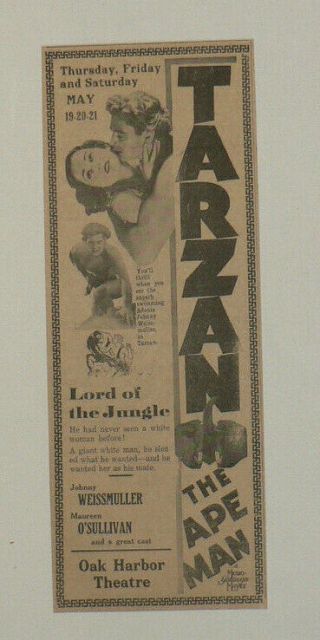 Tarzan The Ape Man,  1932 Newspaper Movie Ad