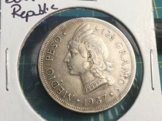 Dominican Republic 1937 1/2 Peso Silver Coin Very 500,  000 Mintage