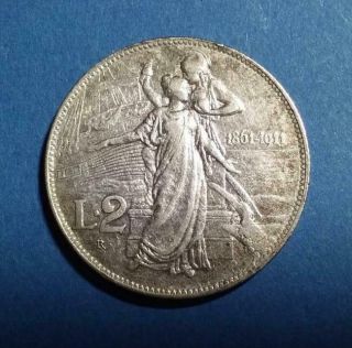 Italy - 1911 Silver 2 Lire - 50th Anniversary Unification - Old Cleaning - Vf - Xf