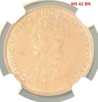 1925 China Hong Kong One Cent Copper Coin Ngc Ms 62 Bn