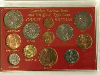 Great Britain Complete Decimal Issue And Last L S D Type Coins Set Of 12 In Case