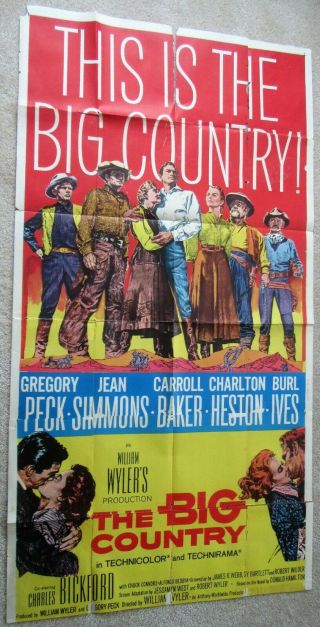 Big Country Orig 1958 3sht Movie Poster Fld Gregory Peck Charleton Heston Fair