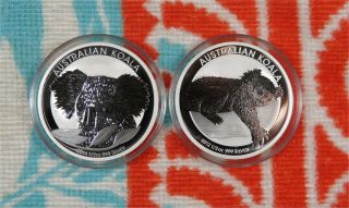 2012 And 2014 Perth Australia Koala 1/2 Oz.  999 Silver Coins In Capsules