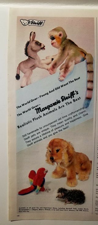 1964 Margarele Steiff Realistic Plush Stuffed Animal Monkey Donkey Dog Bird Ad