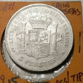1871 Spain 5 Pesetas Silver Bcs/71p