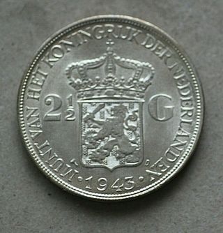 1943 D Netherland East Indies,  2 1/2 Gulden,  Km331,  Silver