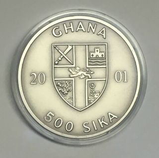2001 Ghana 500 Sika Athens Olympic Quadriga 999 Silver Coin Raised Design