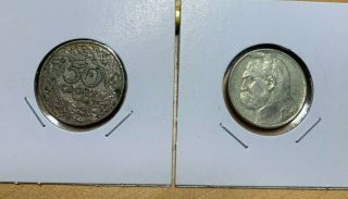 Poland 1936 2 zlote,  silver,  corroded,  1923 50 groszy,  corroded 2