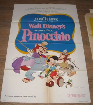 1978 Disney Pinocchio Re Release 1 Sheet Movie Poster Classic Animated Cast