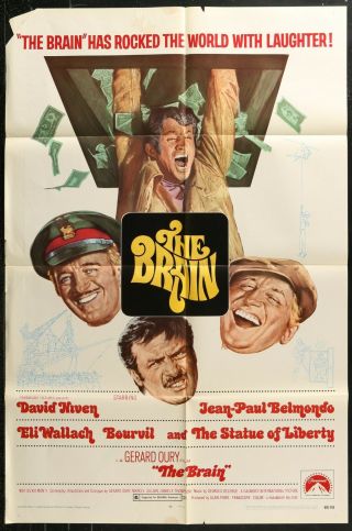The Brain David Niven Eli Wallach Vintage 1969 One Sheet Movie Poster 27 X 40 1