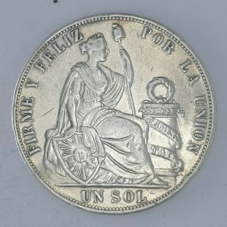 Silver Coin 1891 Un Sol Firme Y Feliz Republica Peruana Lima 5 Decimos Fino