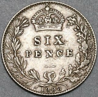 1908 Edward VI 6 Pence Great Britain VF Sterling Silver Key Date Coin (20082902R 2