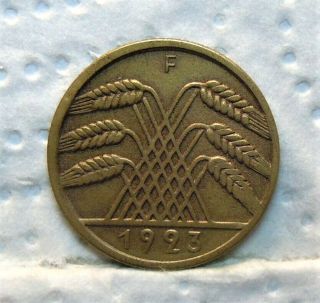 1923 F Germany 10 Rentenpfennig " Weimar Republic " Very Rare Coin